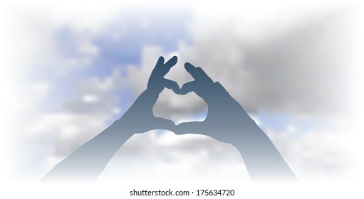 vector heart made with hands over the cloudy sky