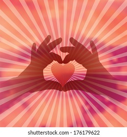 vector heart made with hands and rays over the red cloudy sky