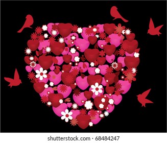 vector heart made of hearts and flowers with red birds