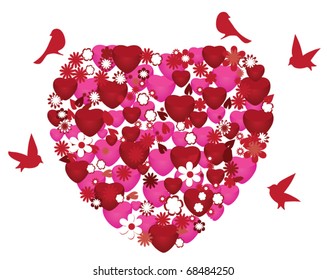 vector heart made of hearts and flowers with red birds