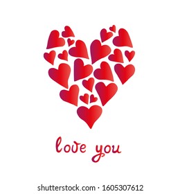 Vector heart made of hearts with lettering. Design for greeting cards, invitations, covers, posters, stickers, logo, frame and fabric.