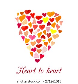 Vector heart made of little watercolor hearts. Handdrawn mood emblem.  Abstract heart background  in red, pink and yellow colors. Holiday vector illustration. Great for cards, banners, tags and other.