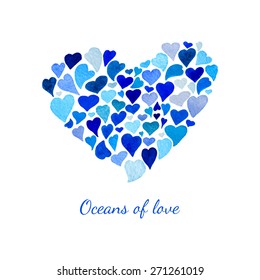 Vector heart made of little watercolor hearts. Abstract heart background decorated with ornament in blue colors. Holiday vector illustration. Great for cards, banners, tags and other.