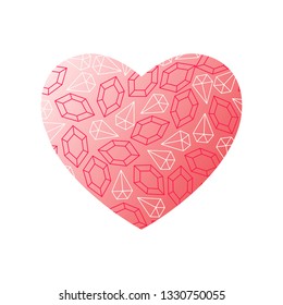 Vector heart made of precious stones on a red gradient background with sapphires rubies diamonds