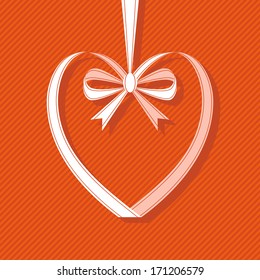 Vector heart made from ribbon with bow. Modern simple red background with text box for presentation. Original festive invitation, greeting card wedding, Valentines Day. Drawing decorative illustration