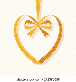 Vector heart made from ribbon with bow. Modern simple background with text box for presentation. Original festive invitation, greeting card wedding, Valentines Day. Drawing decorative illustration