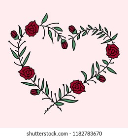 Vector of a heart made of roses and green leaves.
