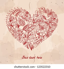 Vector heart made from small doodles (flowers, leafs, birds). Hand-drawn abstract illustration with grunge background can be used for wedding, Valentines Day greeting card, banners, signs