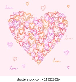 Vector heart made from small hearts of doodles. Pink romantic hand drawn background. Original greeting and invitation card Valentines Day and wedding. Abstract illustration in pencil sketch style.