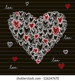 Vector heart made from small hearts of doodles. Greeting invitation background made chalk on blackboard. Original card Valentine's Day, wedding. Abstract illustration in pencil sketch hand drawn style