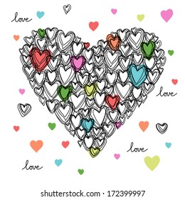 Vector heart made from small hearts of doodles. Holiday childish romantic hand drawn background. Original greeting card Valentines Day, wedding. Decorative abstract illustration in pencil sketch style