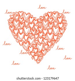 Vector heart made from small red hearts of doodles. Romantic hand drawn background. Original greeting and invitation card Valentines Day, wedding. Simple abstract illustration in pencil sketch style