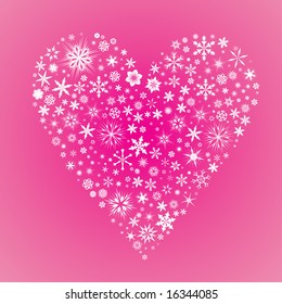 Vector heart made from snow flakes on a pink background