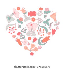 Vector heart made of tropical flowers. Ecology emblem. Love icon. Spring, pastel colors.