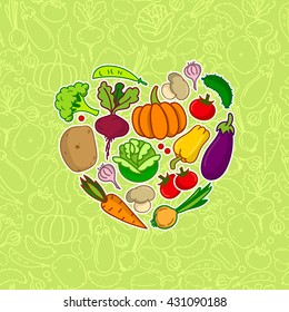 vector heart made of vegetables. Set of vegetable