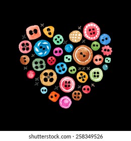 Vector heart made of watercolor buttons on black background. Cute card