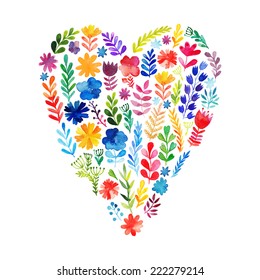 Vector heart made of watercolor flowers. Ecology emblem. Valentine's Day card. Heart icon. Autumn-summer botanical elements