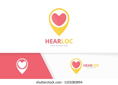 Vector heart and map pointer logo combination. Love and gps locator symbol or icon. Unique romantic and pin logotype design template.