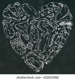 Vector heart of meat steaks on chalkboard background white outline