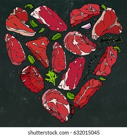 Vector heart of meat steaks on chalkboard background
