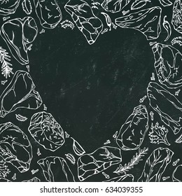 Vector heart of meat steaks on chalkboard background white outline