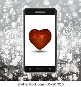 Vector heart in mobile phone for valentines day. Modern black smartphone with touch screen on light background. Abstract light grey background with effect bokeh and shine. 