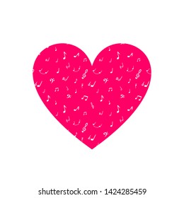 Vector Heart, Musical Note Texture, Bright Pink Color, White Music Symbols, Hand Drawn Illustration Isolated on White Background.