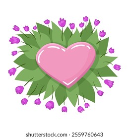 Vector heart on leaves with flowers. cute greeting card illustration on white background. cartoon picture for valentine's day. flat style