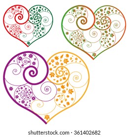 Vector heart on a transparent background consists of two halves filled with floral ornaments symbolizing seasons.