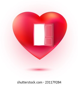 Vector Heart With Open Door. Sweet Love And Invitation Concept. Valentines Illustration. Waiting Love Idea.