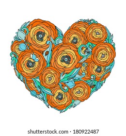 Vector heart with orange ranunculus-rose flowers, leaves, insects