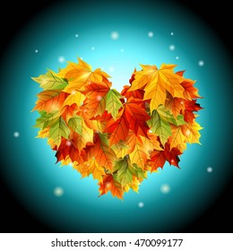 Vector heart of osennikh leaves on a blue background. Illustration of web design template.