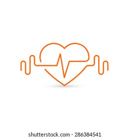 Vector heart outline, dumbbells and a cardiogram. Icon symbolizing health and sport. Lifestyle. Line art