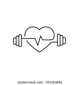 Vector heart outline, dumbbells and a cardiogram. Icon symbolizing health sport. Lifestyle. Line art 