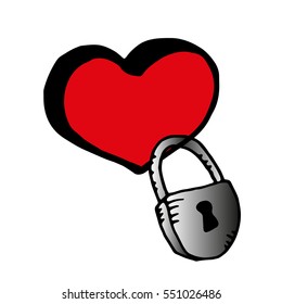 Vector heart and padlock icon. Love secret symbol. Hand drawn concept of a heart on a  lock.