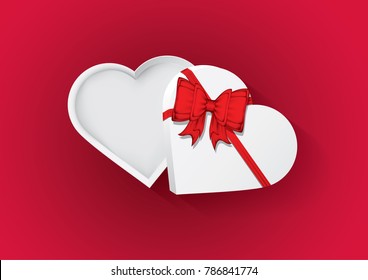 Vector, Heart paper box template with red ribbon isolated on red background. Valentine's day theme, Love iconic, Ideas for gift, art, design, decoration, EPS10.