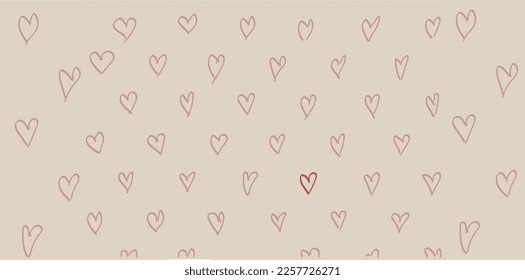 Vector heart pattern on a beige background. Children's drawing. A lot of hearts. Valentine's Day. Love