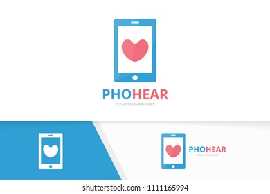 Vector heart and phone logo combination. Love and mobile symbol or icon. Unique romantic and device logotype design template.