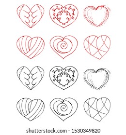 Vector heart picture set isolated on white. Red and black colors hand drawn outlines. Different sizes and shapes. 