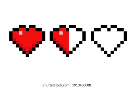 Vector heart pixel icons set. Red heart. Full heart, half, empty. Vector illustration