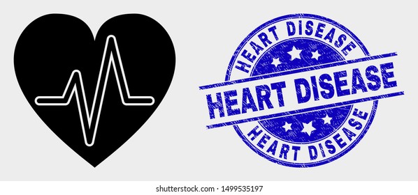 Vector heart pulse icon and Heart Disease seal stamp. Red round textured seal stamp with Heart Disease text. Vector composition in flat style. Black isolated heart pulse pictogram.