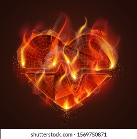 vector heart and pulse symbol with a crack of fire and smoke