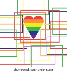 vector heart with rainbow colors. flat image of abstract postcard with heart and rectangles. rainbow straight lines