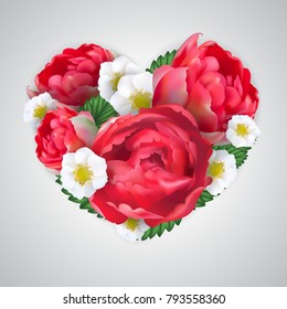 Vector heart from realistic red peony rose flowers, white strawberry flowers and leaves. Heart shape. Romantic spring background for Valentine's Day, spring, wedding design