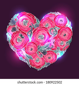Vector heart with red ranunculus-rose flowers, leaves, insects - illustration on dark background