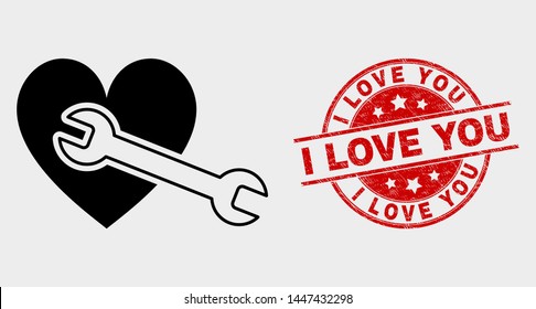 Vector heart repair wrench pictogram and I Love You seal stamp. Red rounded grunge seal stamp with I Love You text. Vector composition for heart repair wrench in flat style.