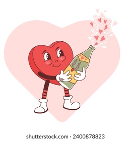 El corazón vectorial en estilo retro abre el champán. Pegatina con los corazones rosados y rojos Y2k. Feliz Día de San Valentín. Feliz corazón perky al estilo de los años 70.