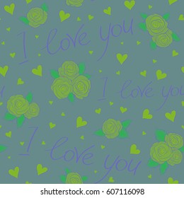 Vector heart, rose flower, love letter and text seamless pattern. Valentines day background in violet, green and blue colors. Abstract love seamless pattern.