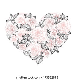 Vector heart of roses. Hand drawn vintage engraved style flowers. Pastel rose color. Use for wedding, birthday, valentine, engaging greeting card or for store design, sale, discount, market.