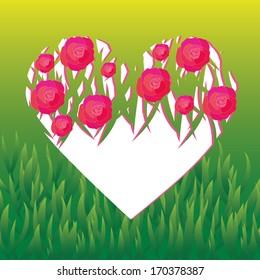 vector heart in roses on green grass background